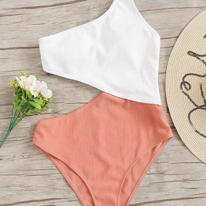 Two Tone Cut-out One Shoulder One Piece